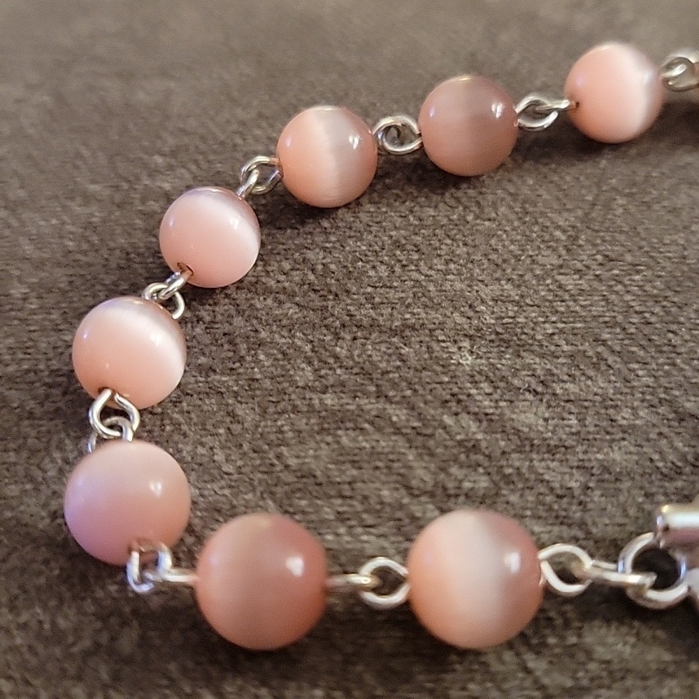 Handmade Barbie Pink Cat's Eye Beaded Chain Heart Charm Toggle Tennis Bracelet - Picture 4 of 7